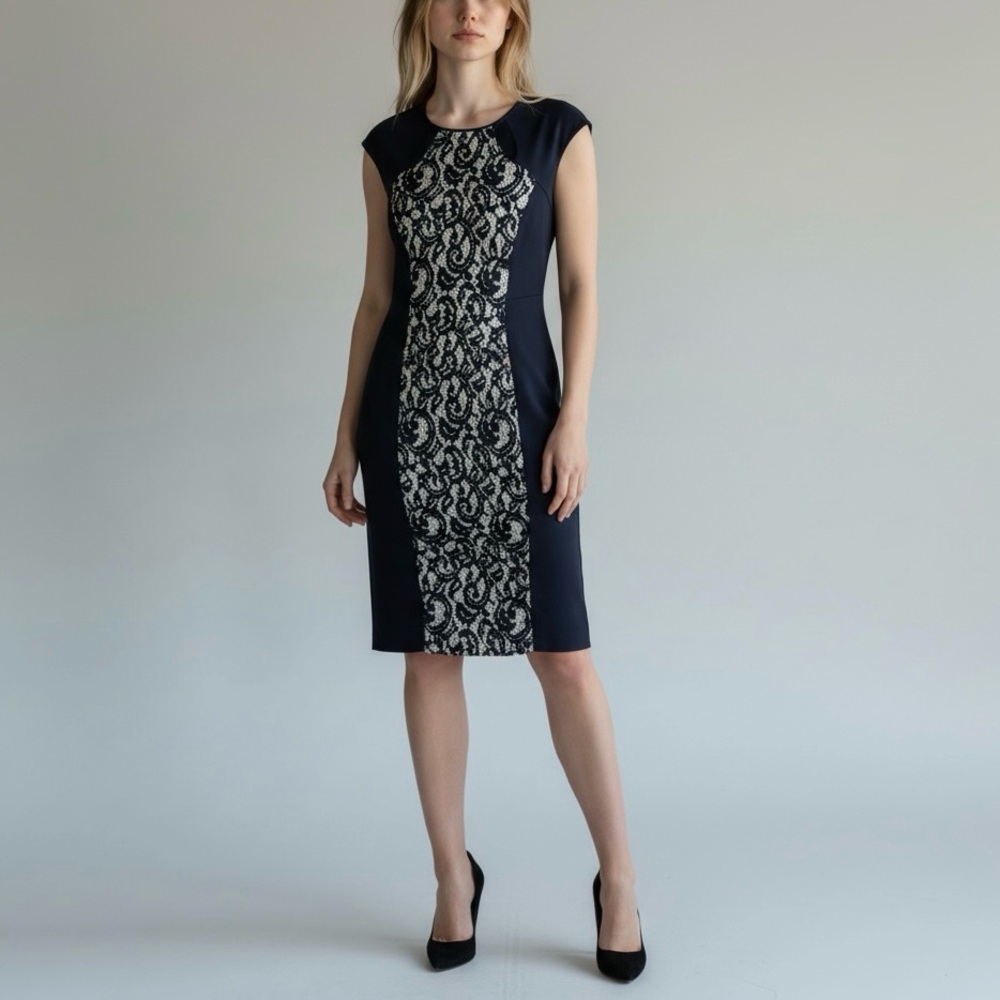 Ronni Nicole Lace Bodycon Dress Size 10 Black Beige Sleeveless Stretch